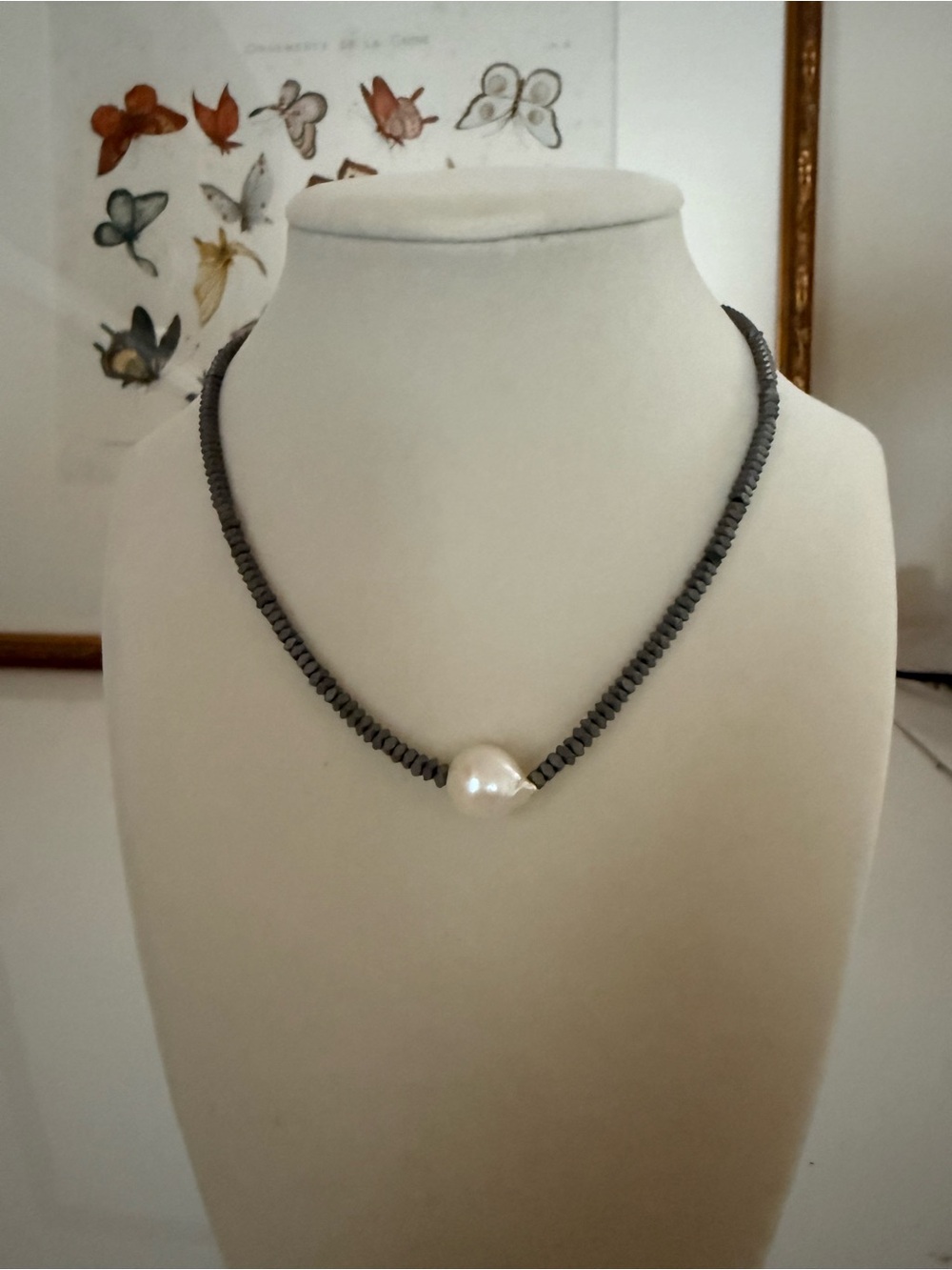Handcrafted Faceted Hematite Bead Choker Necklace w/ Baroque Freshwater Pearl
